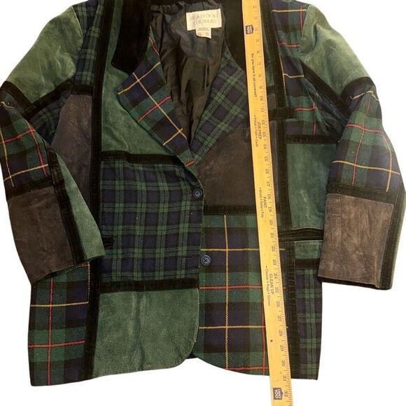 Vintage women 20W Brandon Thomas Plaid Suede Patchwork Blazer Jacket Green Blue - Picture 6 of 12